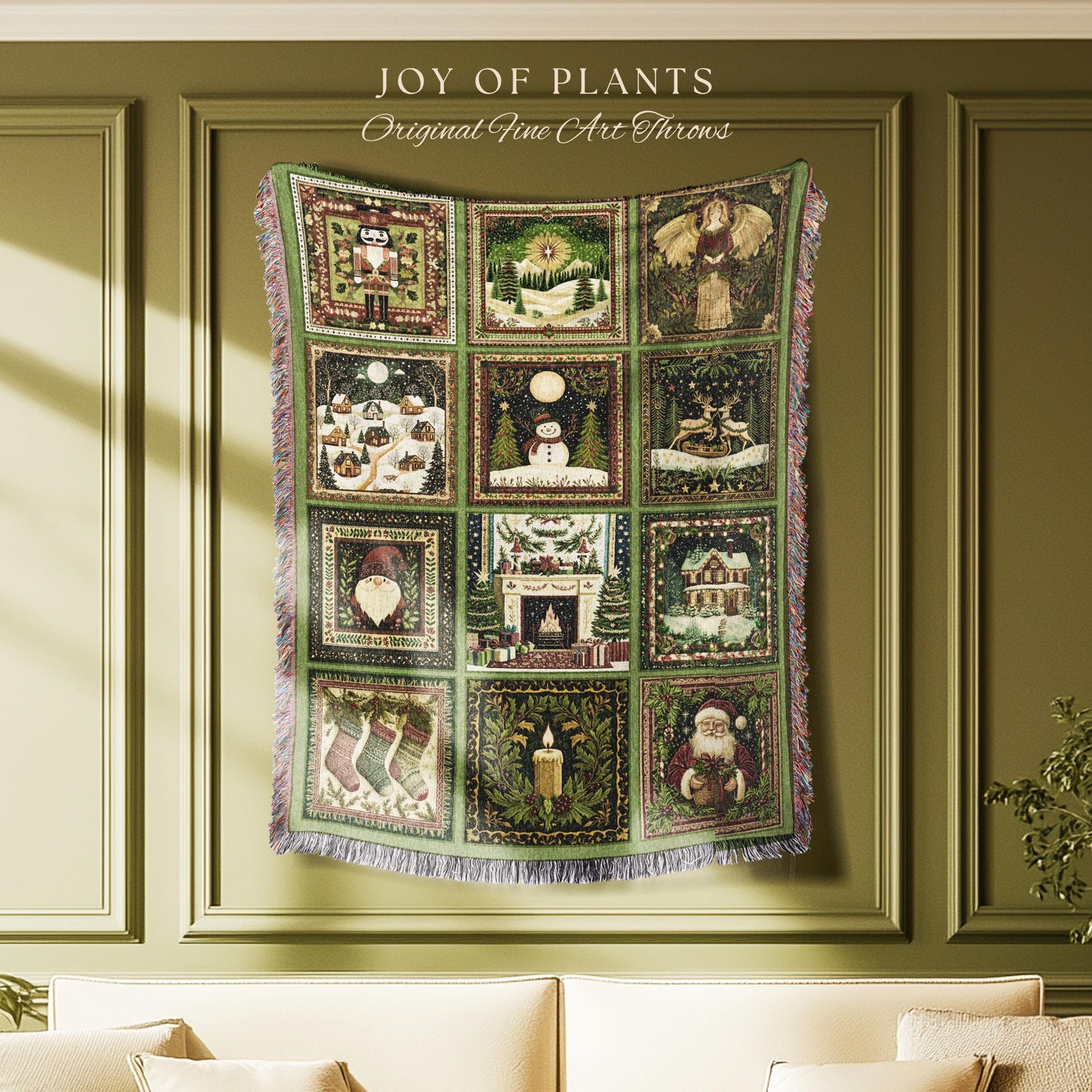 Family Keepsake Christmas Blanket Cozy | Whimsical Holiday Festive Patchwork Style Nostalgic Winter Yuletide Woven Tapestry Throw Sage Green