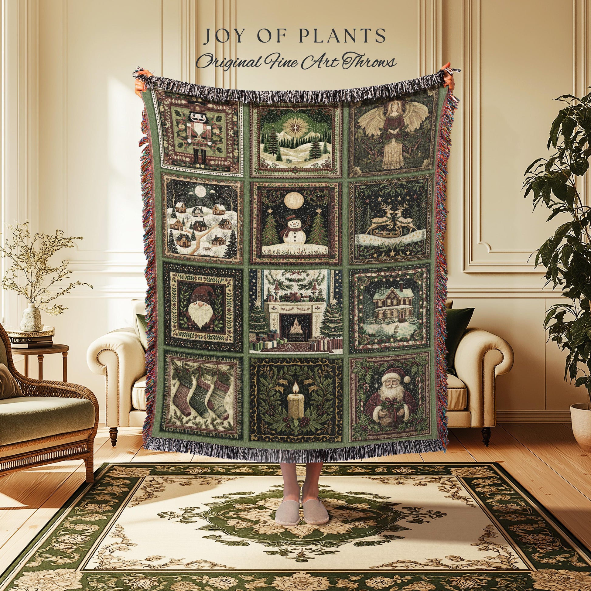 Family Keepsake Christmas Blanket Cozy | Whimsical Holiday Festive Patchwork Style Nostalgic Winter Yuletide Woven Tapestry Throw Sage Green