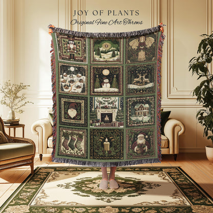 Family Keepsake Christmas Blanket Cozy | Whimsical Holiday Festive Patchwork Style Nostalgic Winter Yuletide Woven Tapestry Throw Sage Green