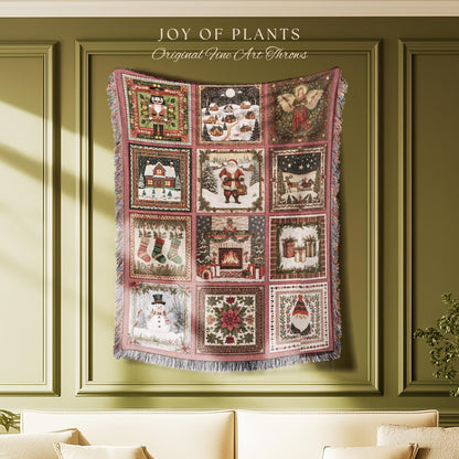 Scandi Aesthetic Christmas Blanket | Vintage Festive Xmas Patchwork Cozy Nostalgic Scandinavian Woven Tapestry Throw Whimsical Winter Style