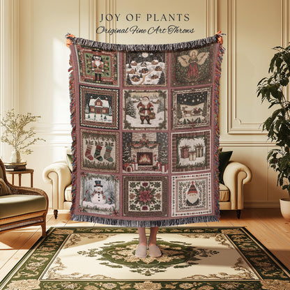 Scandi Aesthetic Christmas Blanket | Vintage Festive Xmas Patchwork Cozy Nostalgic Scandinavian Woven Tapestry Throw Whimsical Winter Style