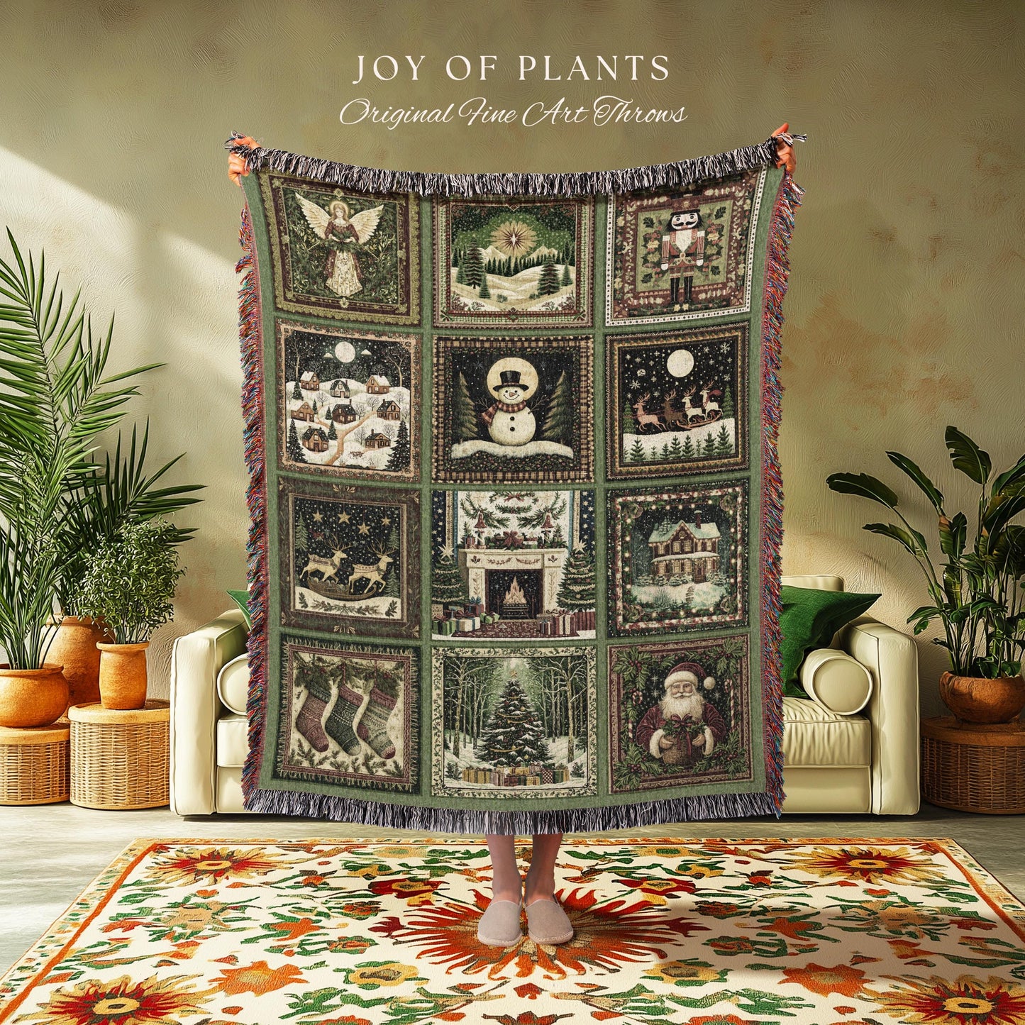 Hygge Christmas Decor Throw Blanket | Cozy Holiday Folk Art Scandinavian Festive Nostalgic Whimsical Cottagecore Woven Tapestry Scandi Xmas