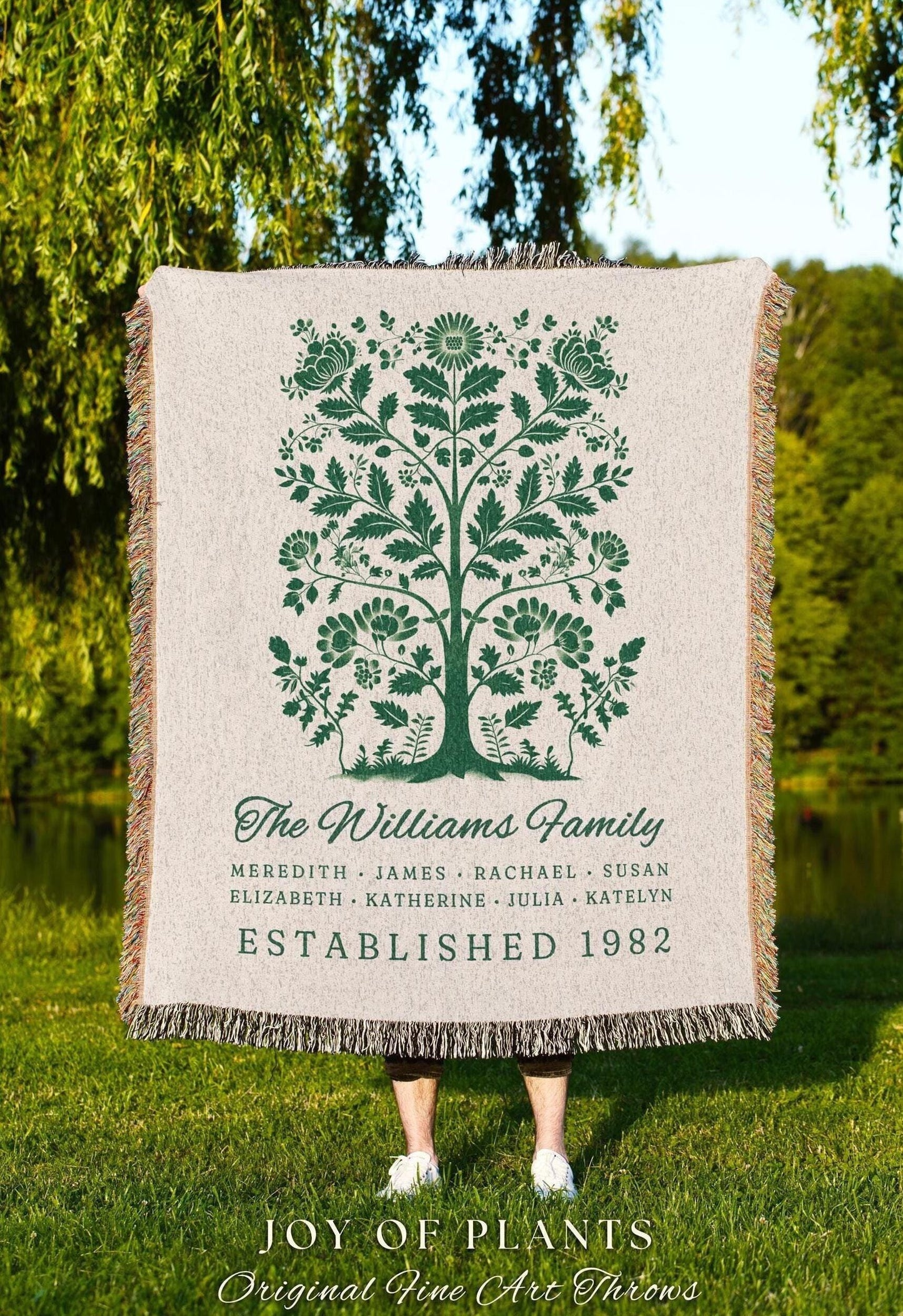Retro Personalized Family Tree Blanket with Names Rustic Farmhouse Art Decor | Thoughtful Gift for Grandparents Custom Woven Tapestry Throw