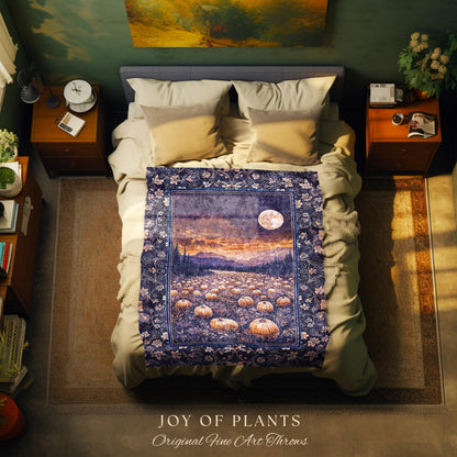 Midnight Purple Moonlit Autumn Blanket | Cozy Pumpkin Tapestry Rustic Halloween Aesthetic Whimsigoth Dark Academia Fall Vibes Witchy Accent