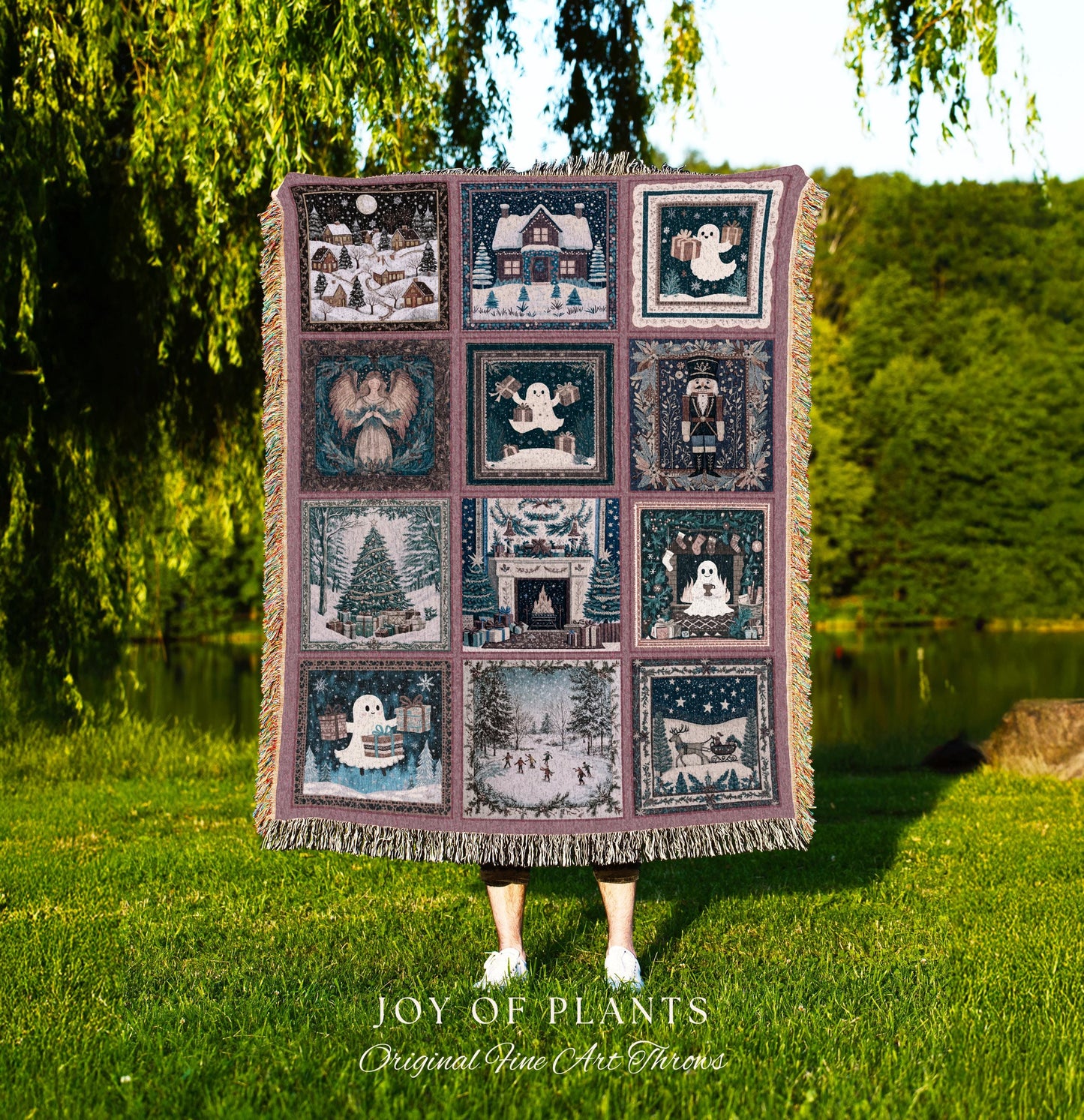 Holiday Boho Scandi Blanket | Spooky Christmas Ghost Throw Nostalgic Festive Home Decor Whimsical Xmas Tree Merry & Bright Pastel Aesthetic