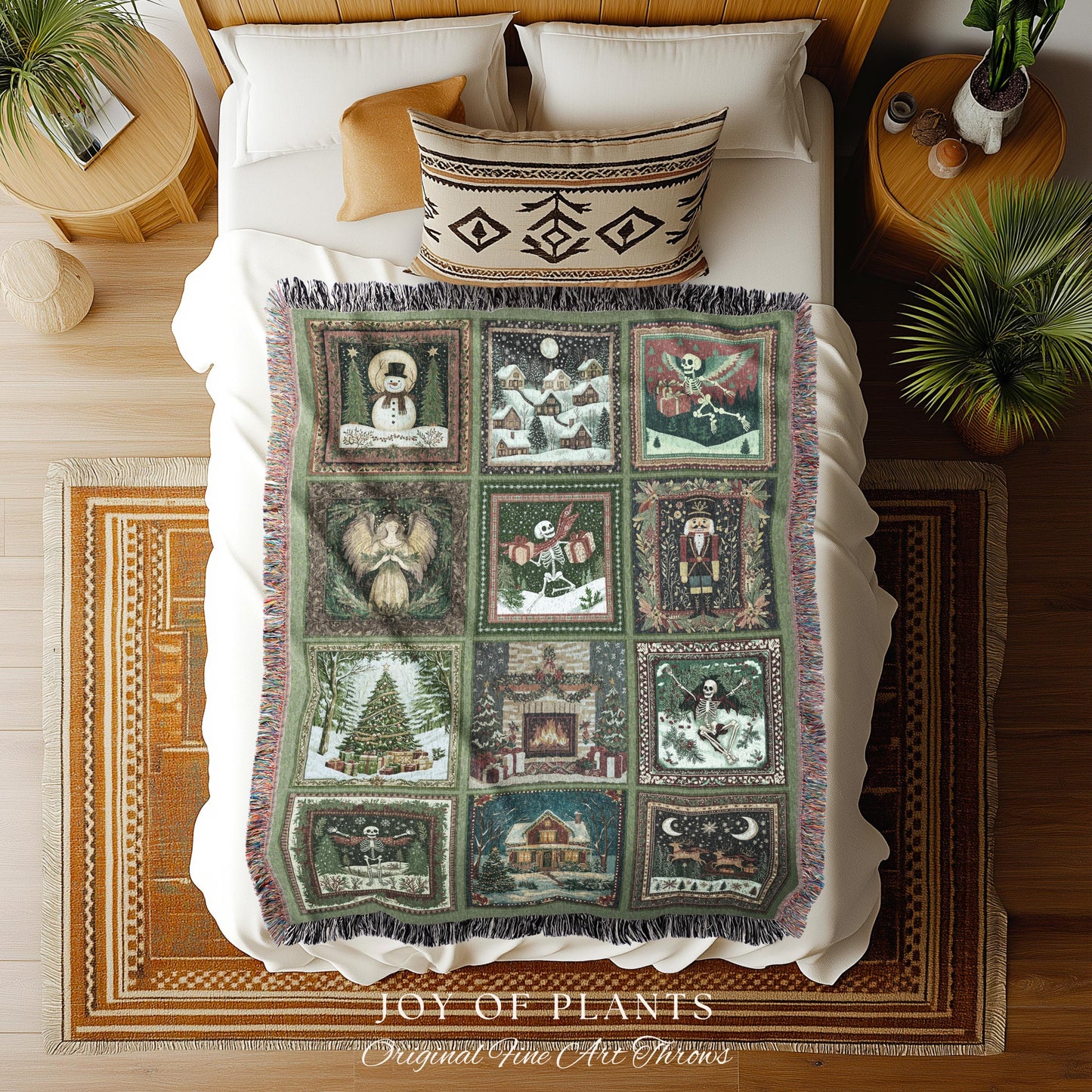 Cute Christmas Patchwork Blanket | Spooky Nostalgic Skeleton Throw Scandinavian Woven Tapestry Poinsettia Holiday Xmas Home Decor Witchy |