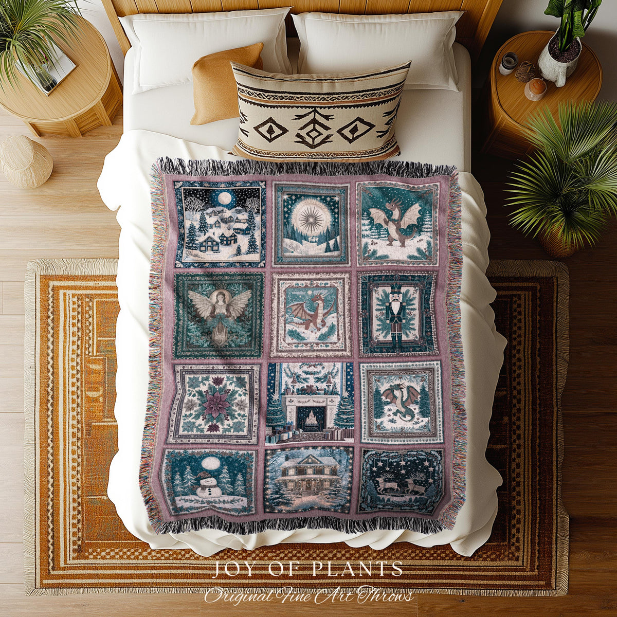 Cozy Dragon Winter Holiday Blanket | Whimsigoth Christmas Decor Cute Eclectic Boho Woven Tapestry Cottagecore Seasonal Nostalgic Accent |