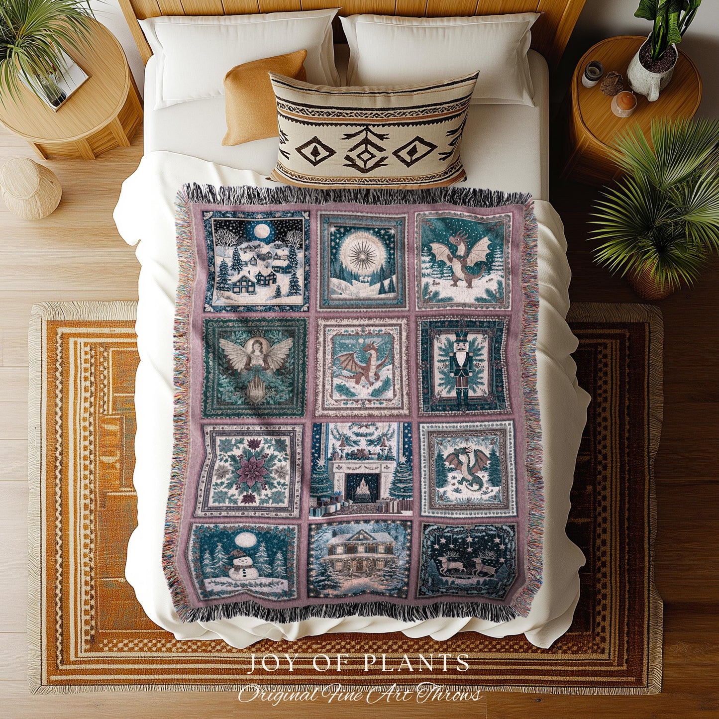 Cozy Dragon Winter Holiday Blanket | Whimsigoth Christmas Decor Cute Eclectic Boho Woven Tapestry Cottagecore Seasonal Nostalgic Accent |