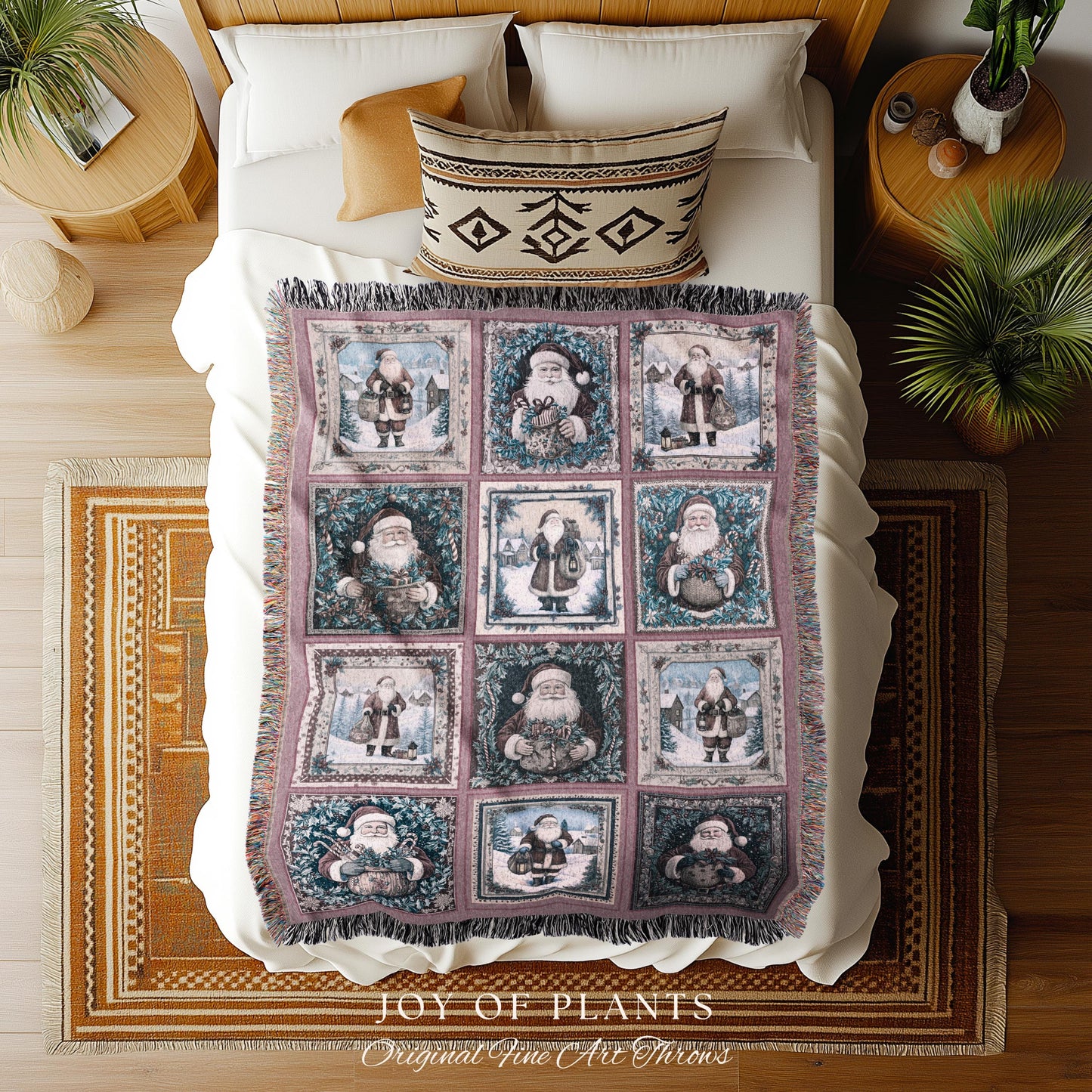 Santa Claus Rustic Pastel Throw Blanket | Boho Holiday Cozy Hygge Home Decor Saint Nick Xmas Trendy Tapestry Festive Elegance Danish Pastel