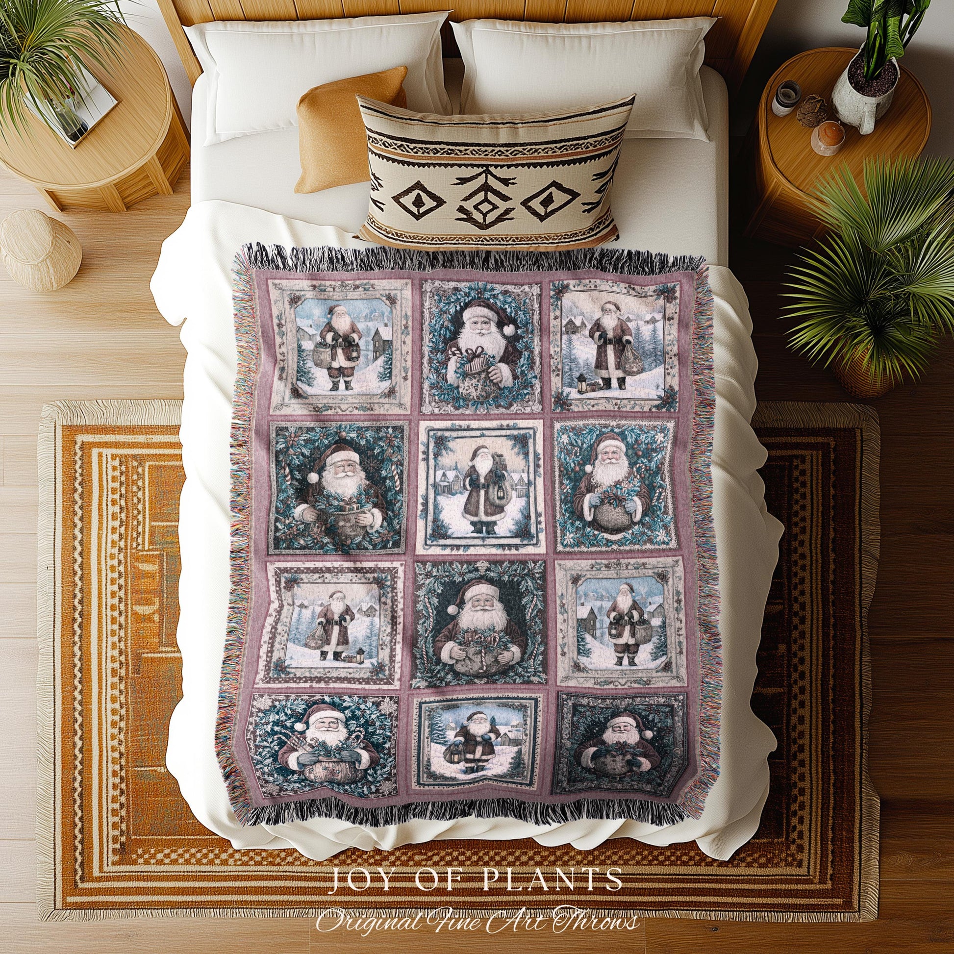 Santa Claus Rustic Pastel Throw Blanket | Boho Holiday Cozy Hygge Home Decor Saint Nick Xmas Trendy Tapestry Festive Elegance Danish Pastel