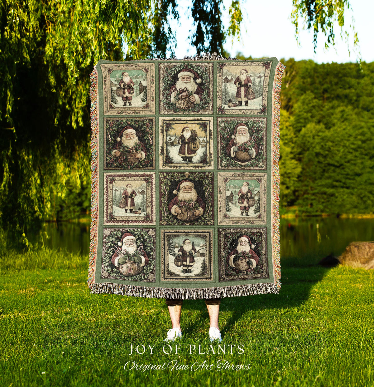 Sage Green Retro Xmas Throw Blanket | Cozy Pastel Santa Claus Home Decor Retro Christmas Whimsical Holiday Winter Wonderland Aesthetic Cute