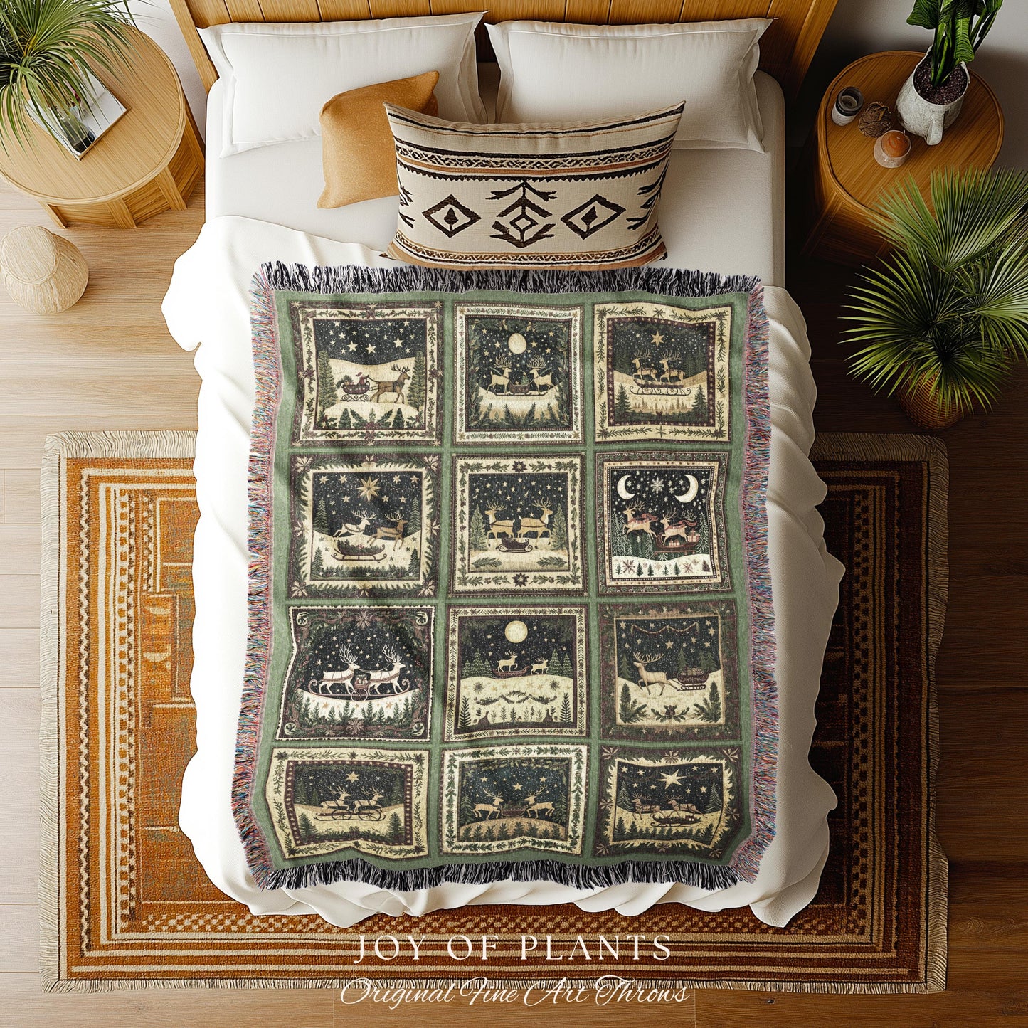 Yuletide Magic Flying Reindeer Blanket | Sage Green Pastel Whimsical Winter Wonderland Scandinavian Folklore Danish Aesthetic Home Decor |