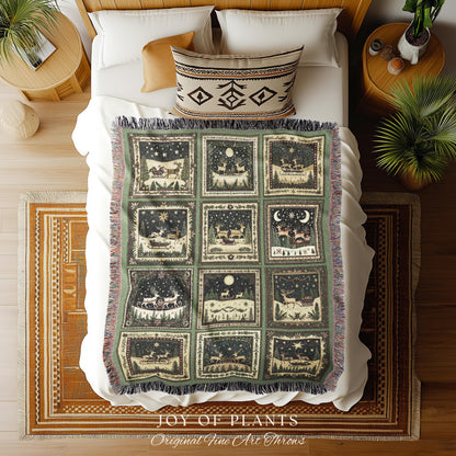 Yuletide Magic Flying Reindeer Blanket | Sage Green Pastel Whimsical Winter Wonderland Scandinavian Folklore Danish Aesthetic Home Decor |