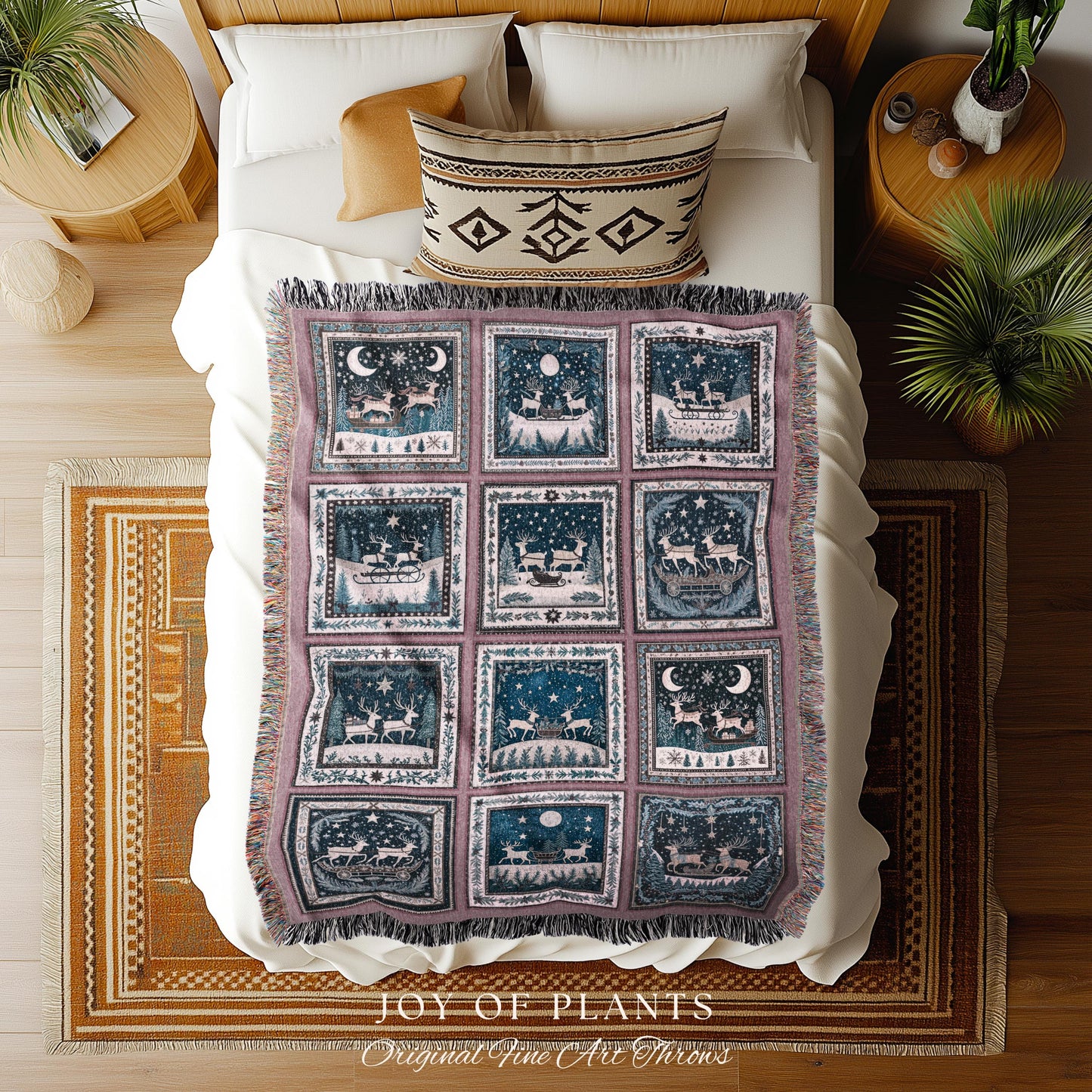 Merry & Bright Reindeer Blanker | Festive Aesthetic Pastel Home Decor Whimsical Holiday Woven Tapestry Boho Scandinavian Style Rustic Cute