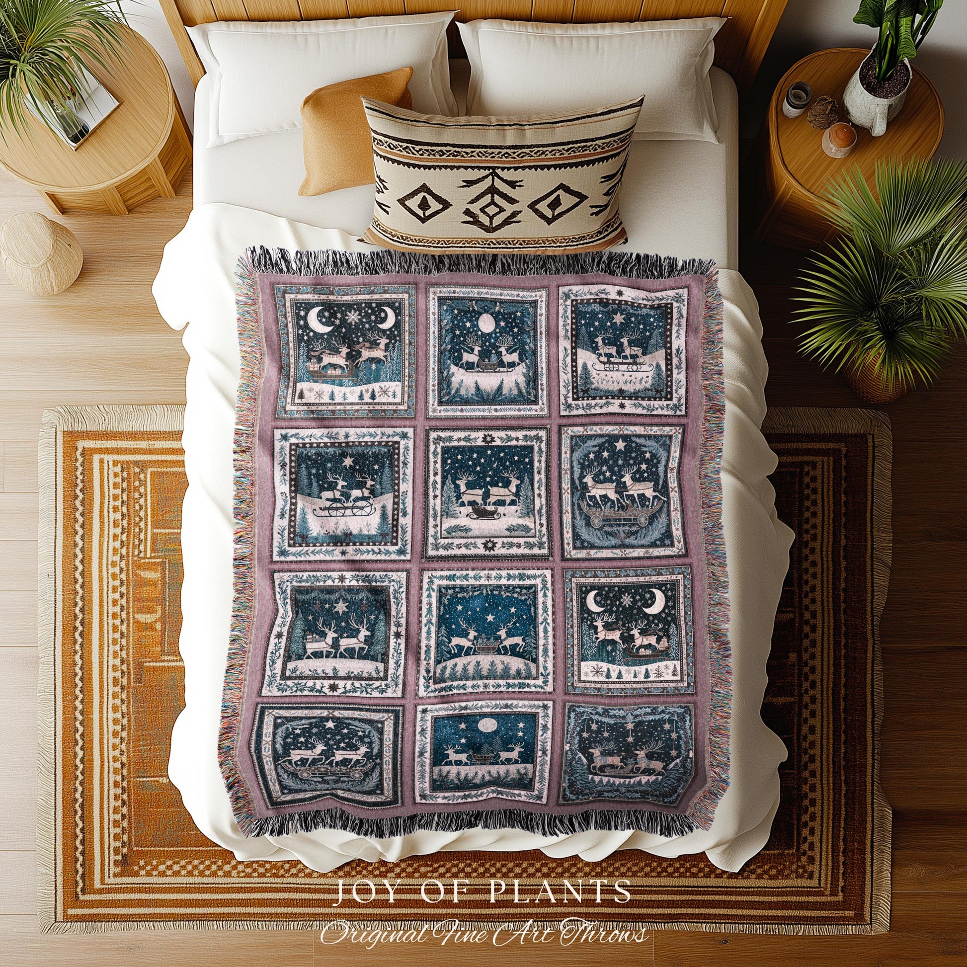 Merry & Bright Reindeer Blanker | Festive Aesthetic Pastel Home Decor Whimsical Holiday Woven Tapestry Boho Scandinavian Style Rustic Cute