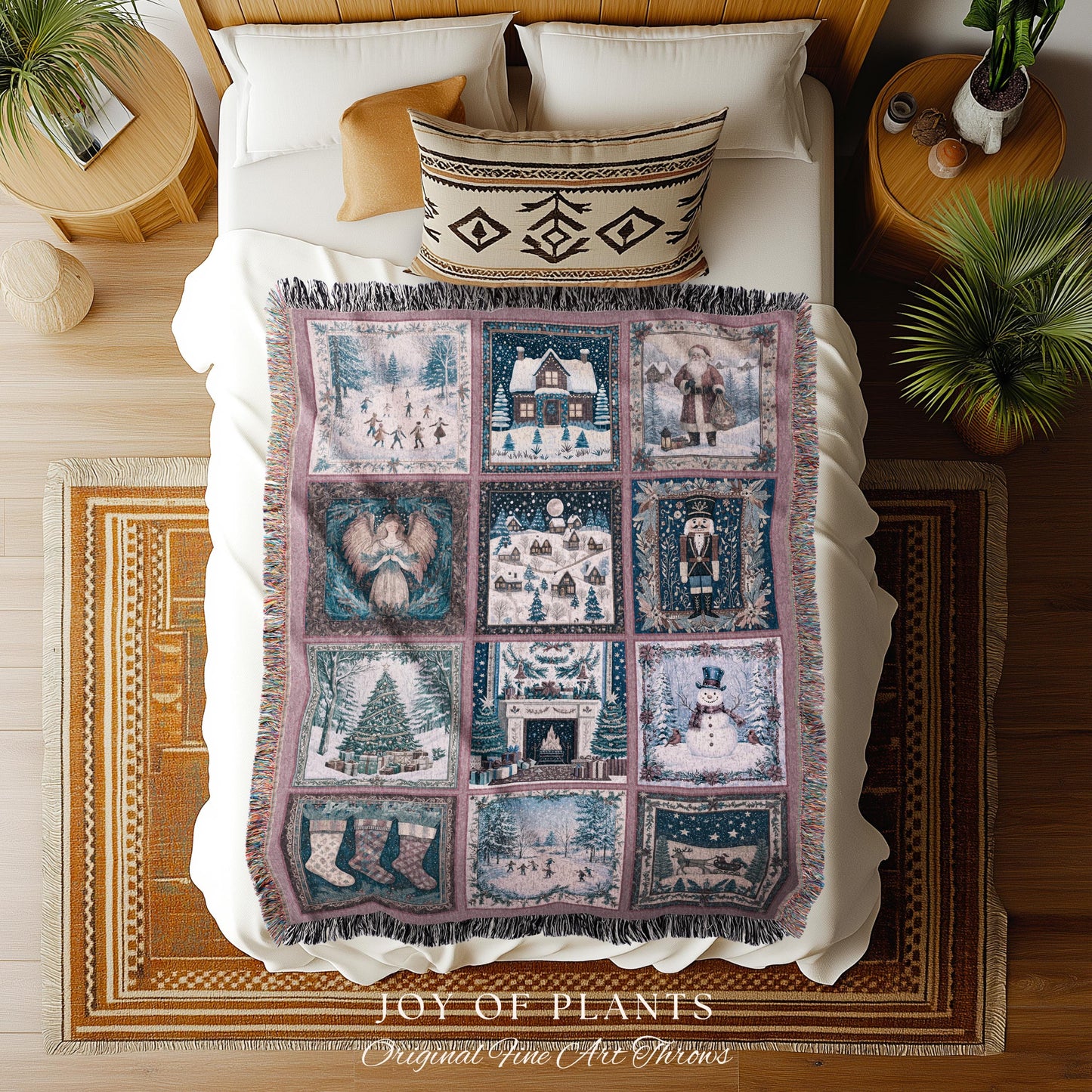 Holiday Magic Pastel Xmas Throw | Rustic Scandinavian Patchwork Whimsical Winter Wonderland Classic Christmas Cozy Vintage Tapestry Blanket