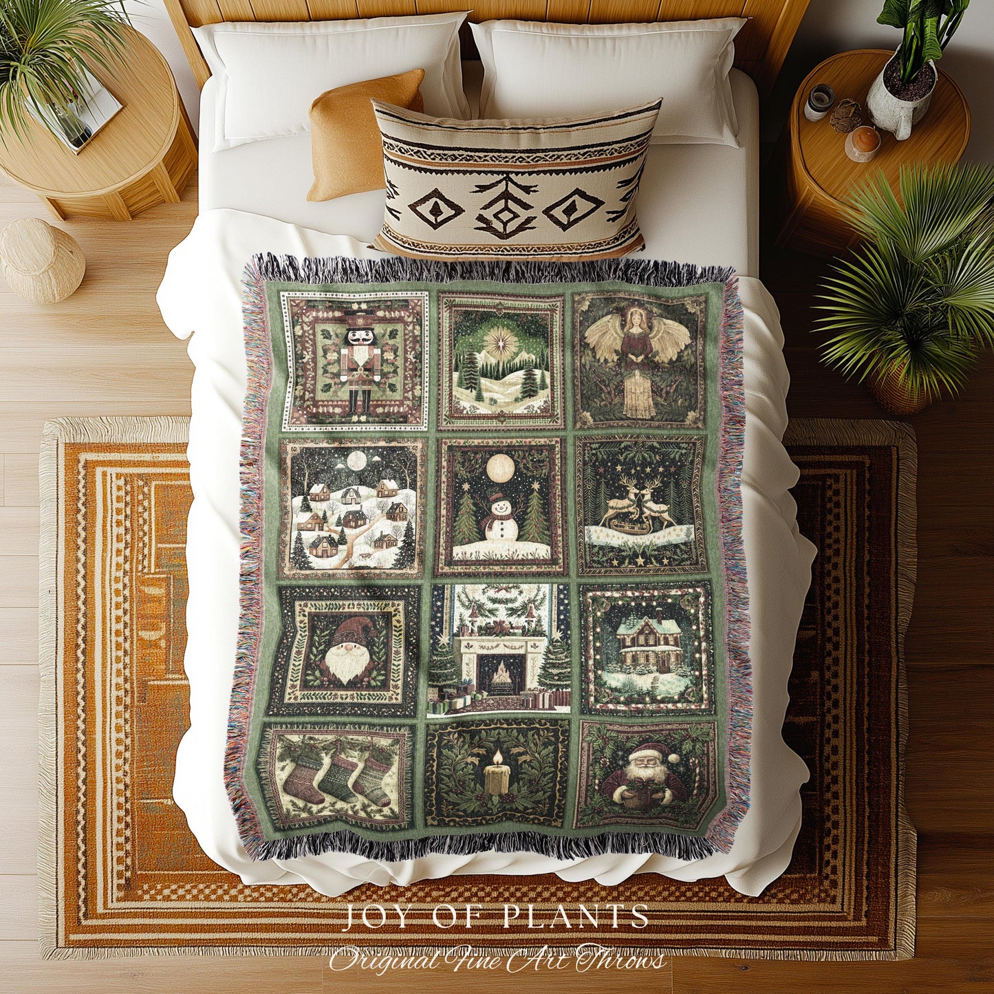 Family Keepsake Christmas Blanket Cozy | Whimsical Holiday Festive Patchwork Style Nostalgic Winter Yuletide Woven Tapestry Throw Sage Green