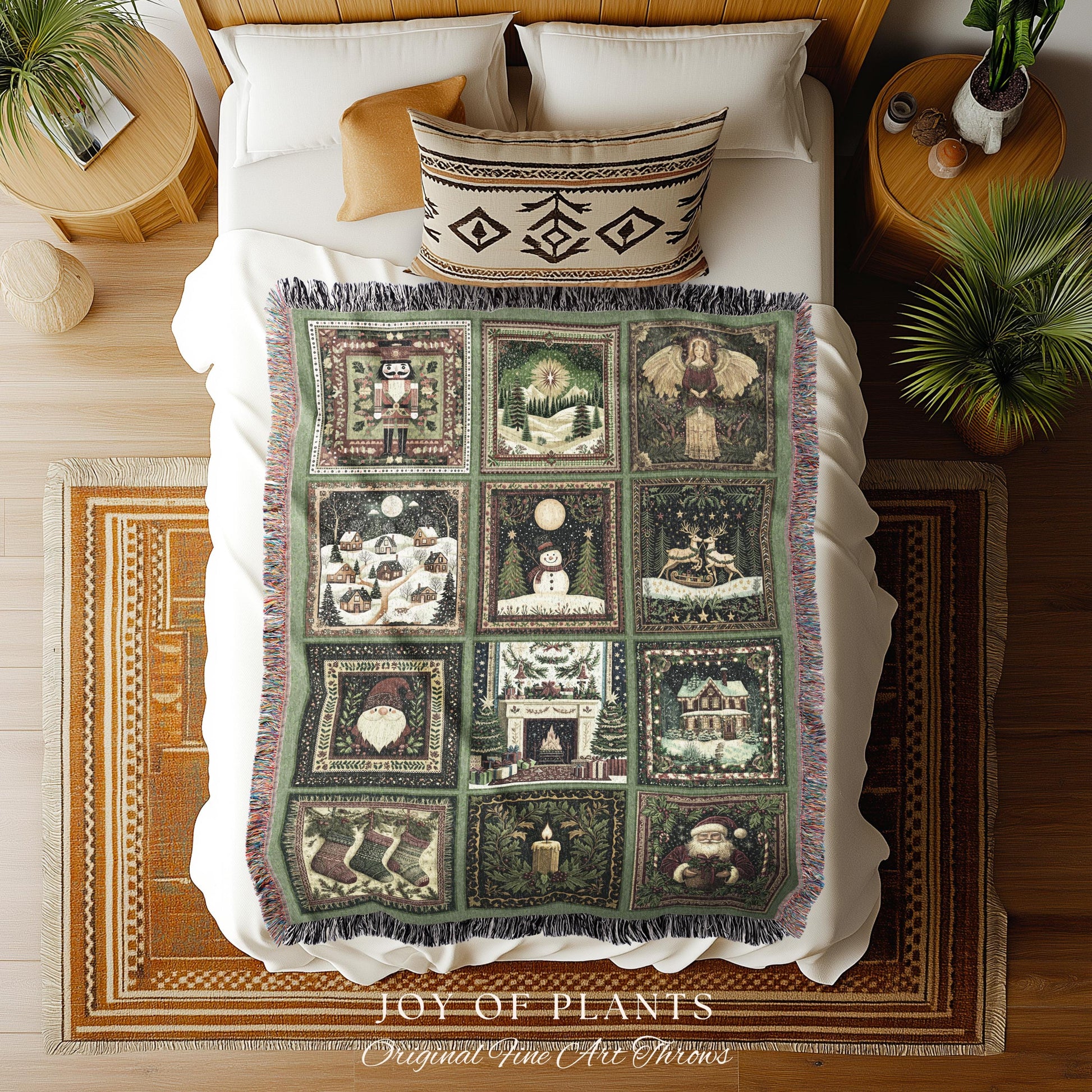 Family Keepsake Christmas Blanket Cozy | Whimsical Holiday Festive Patchwork Style Nostalgic Winter Yuletide Woven Tapestry Throw Sage Green