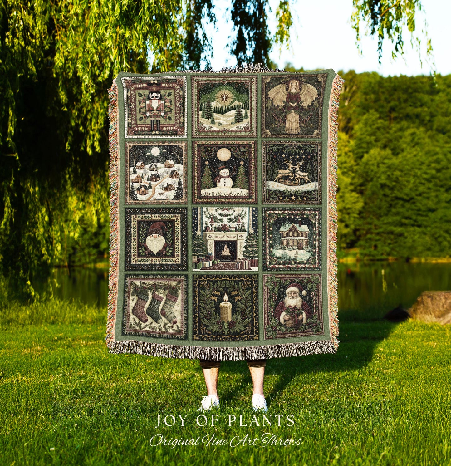 Family Keepsake Christmas Blanket Cozy | Whimsical Holiday Festive Patchwork Style Nostalgic Winter Yuletide Woven Tapestry Throw Sage Green