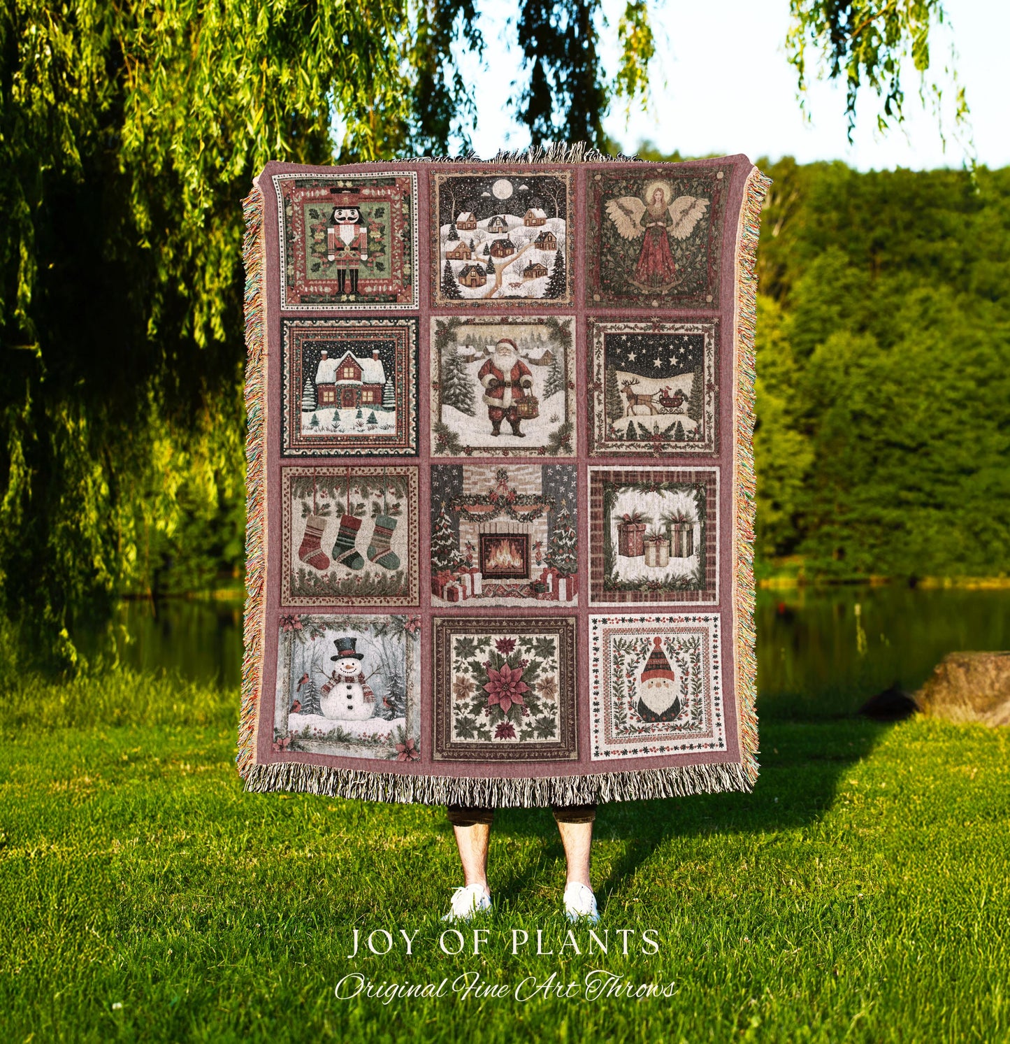 Scandi Aesthetic Christmas Blanket | Vintage Festive Xmas Patchwork Cozy Nostalgic Scandinavian Woven Tapestry Throw Whimsical Winter Style