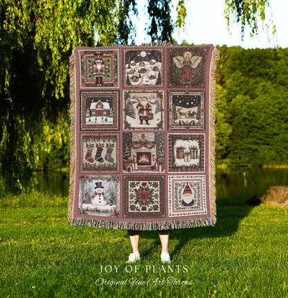 Scandi Aesthetic Christmas Blanket | Vintage Festive Xmas Patchwork Cozy Nostalgic Scandinavian Woven Tapestry Throw Whimsical Winter Style