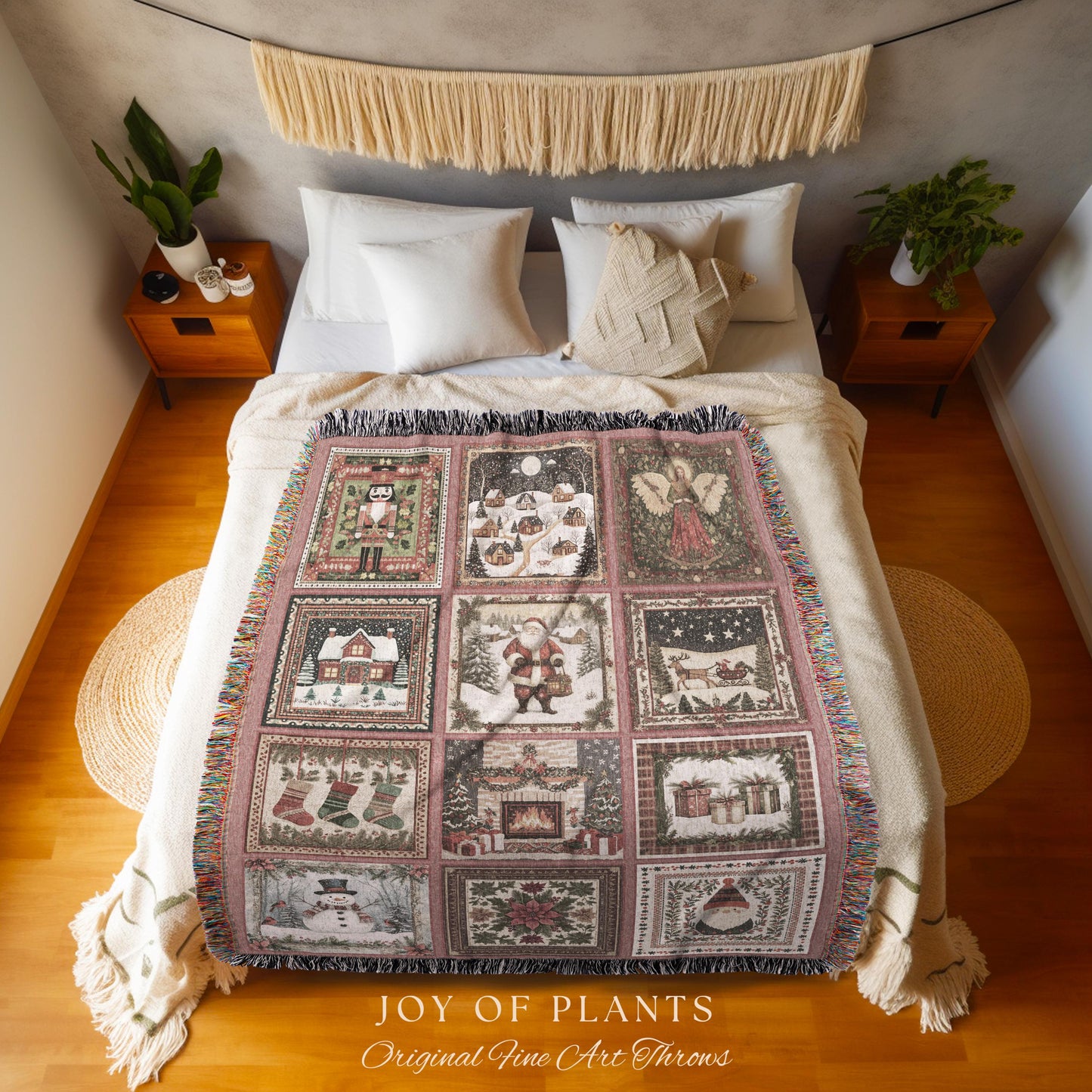 Scandi Aesthetic Christmas Blanket | Vintage Festive Xmas Patchwork Cozy Nostalgic Scandinavian Woven Tapestry Throw Whimsical Winter Style