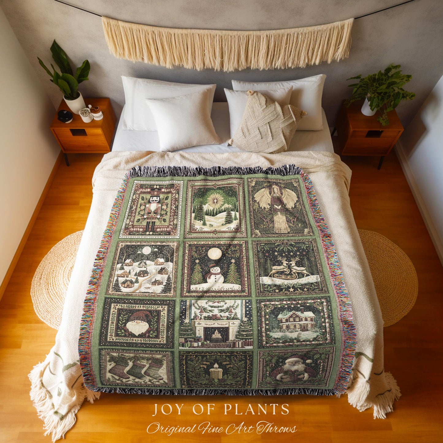 Family Keepsake Christmas Blanket Cozy | Whimsical Holiday Festive Patchwork Style Nostalgic Winter Yuletide Woven Tapestry Throw Sage Green