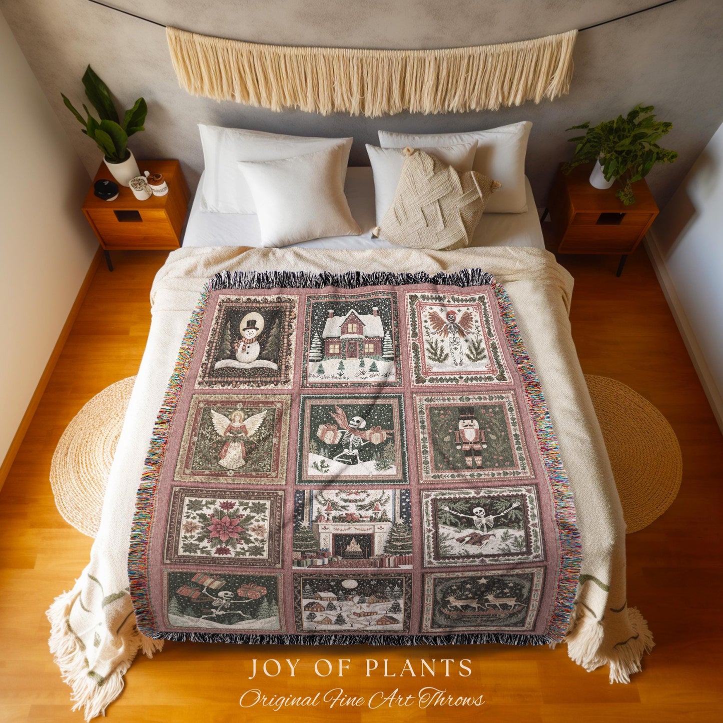 Pastel Christmas Cute Throw Blanket | Nostalgic Festive Skeleton Home Decor Scandinavian Aesthetic Boho Witchy Holiday Patchwork Tapestry |