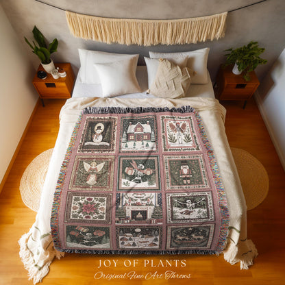 Pastel Christmas Cute Throw Blanket | Nostalgic Festive Skeleton Home Decor Scandinavian Aesthetic Boho Witchy Holiday Patchwork Tapestry |