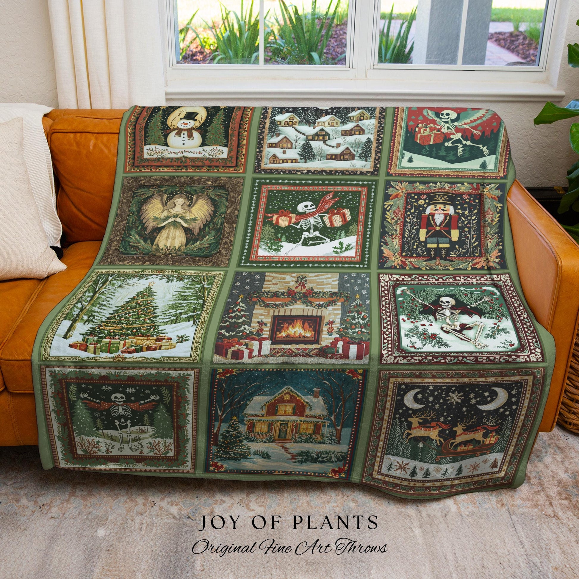 Cute Christmas Patchwork Blanket | Spooky Nostalgic Skeleton Throw Scandinavian Woven Tapestry Poinsettia Holiday Xmas Home Decor Witchy |