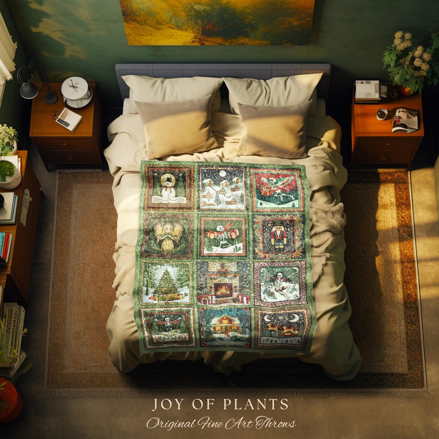 Cute Christmas Patchwork Blanket | Spooky Nostalgic Skeleton Throw Scandinavian Woven Tapestry Poinsettia Holiday Xmas Home Decor Witchy |