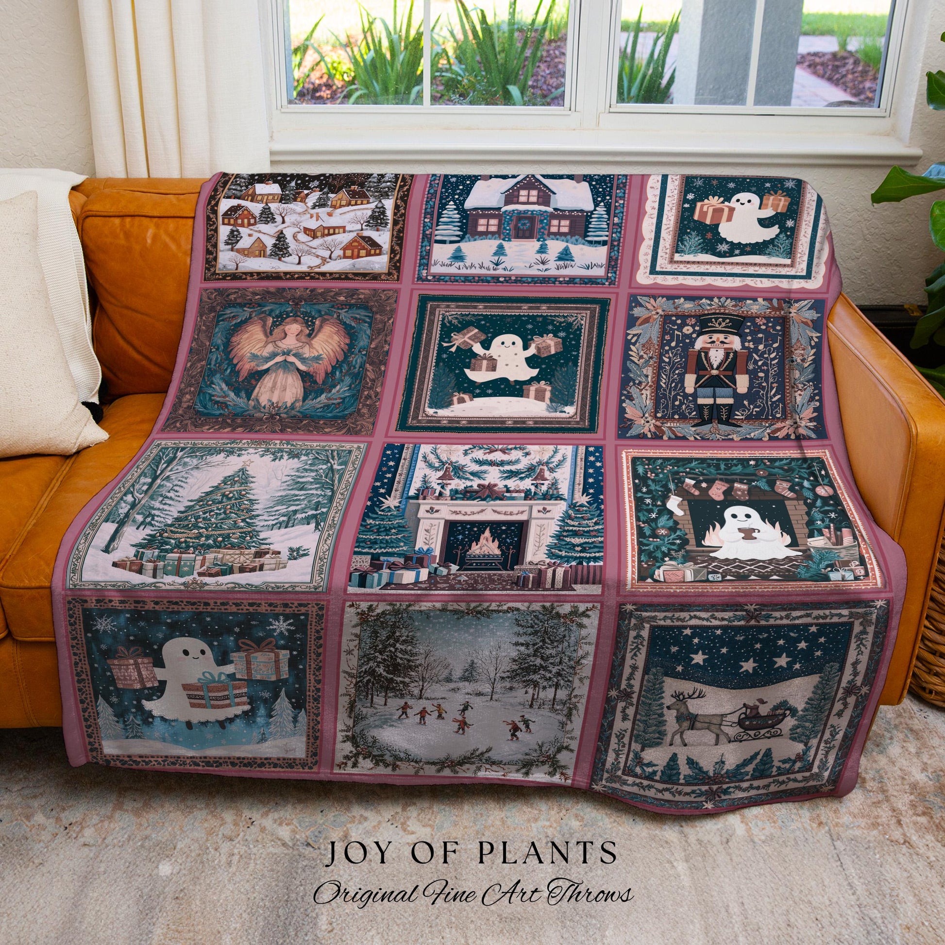 Holiday Boho Scandi Blanket | Spooky Christmas Ghost Throw Nostalgic Festive Home Decor Whimsical Xmas Tree Merry & Bright Pastel Aesthetic