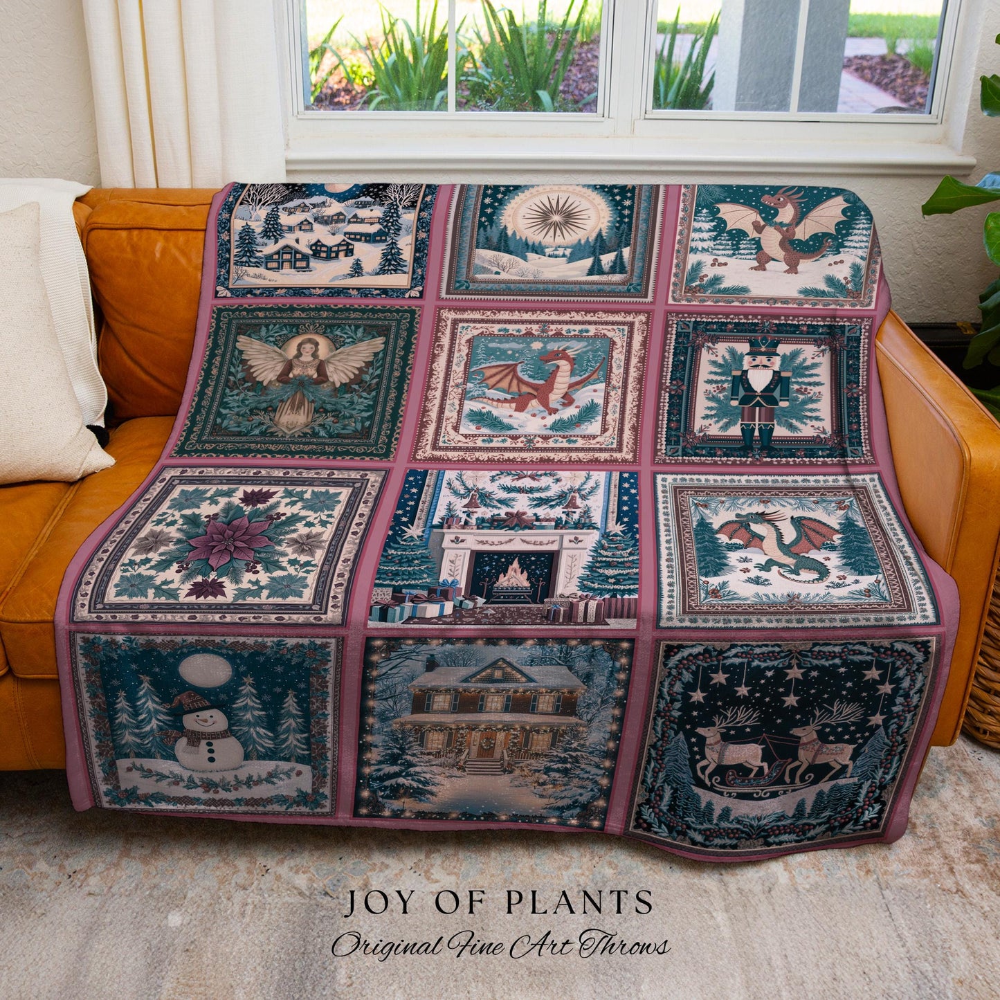 Cozy Dragon Winter Holiday Blanket | Whimsigoth Christmas Decor Cute Eclectic Boho Woven Tapestry Cottagecore Seasonal Nostalgic Accent |