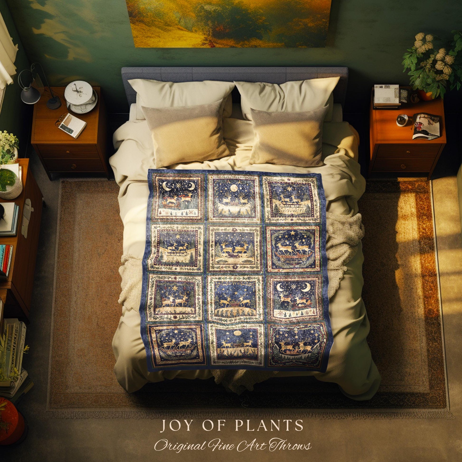 Retro Xmas Reindeer Cozy Throw | Nostalgic Holiday Aesthetic Christmas Cottagecore Rustic Festive Home Decor Scandi Couch Blanket Cute Boho