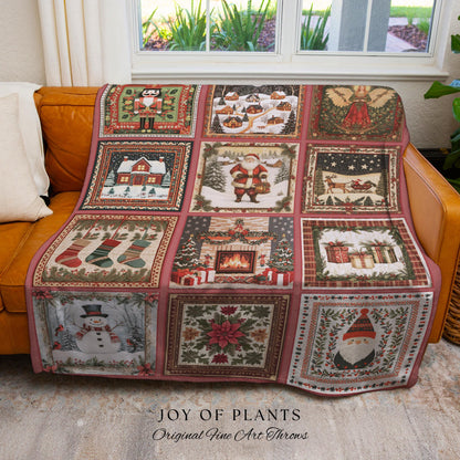 Scandi Aesthetic Christmas Blanket | Vintage Festive Xmas Patchwork Cozy Nostalgic Scandinavian Woven Tapestry Throw Whimsical Winter Style