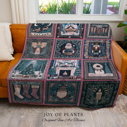 Snowy Winter Night Cozy Woven Throw | Pastel Cottagecore Patchwork Rustic Holiday Nostalgic Scandinavian Festive Yuletide Tapestry Blanket |