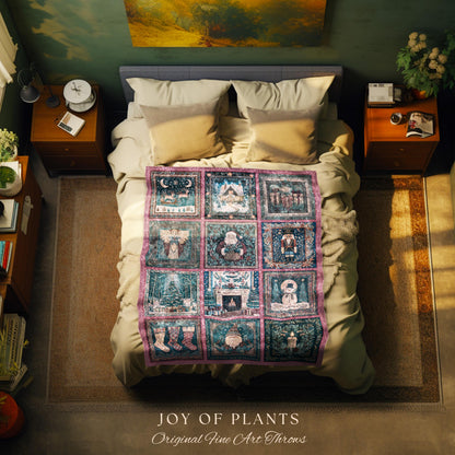 Snowy Winter Night Cozy Woven Throw | Pastel Cottagecore Patchwork Rustic Holiday Nostalgic Scandinavian Festive Yuletide Tapestry Blanket |