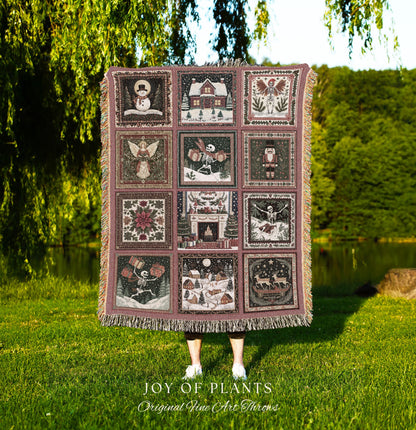 Pastel Christmas Cute Throw Blanket | Nostalgic Festive Skeleton Home Decor Scandinavian Aesthetic Boho Witchy Holiday Patchwork Tapestry |