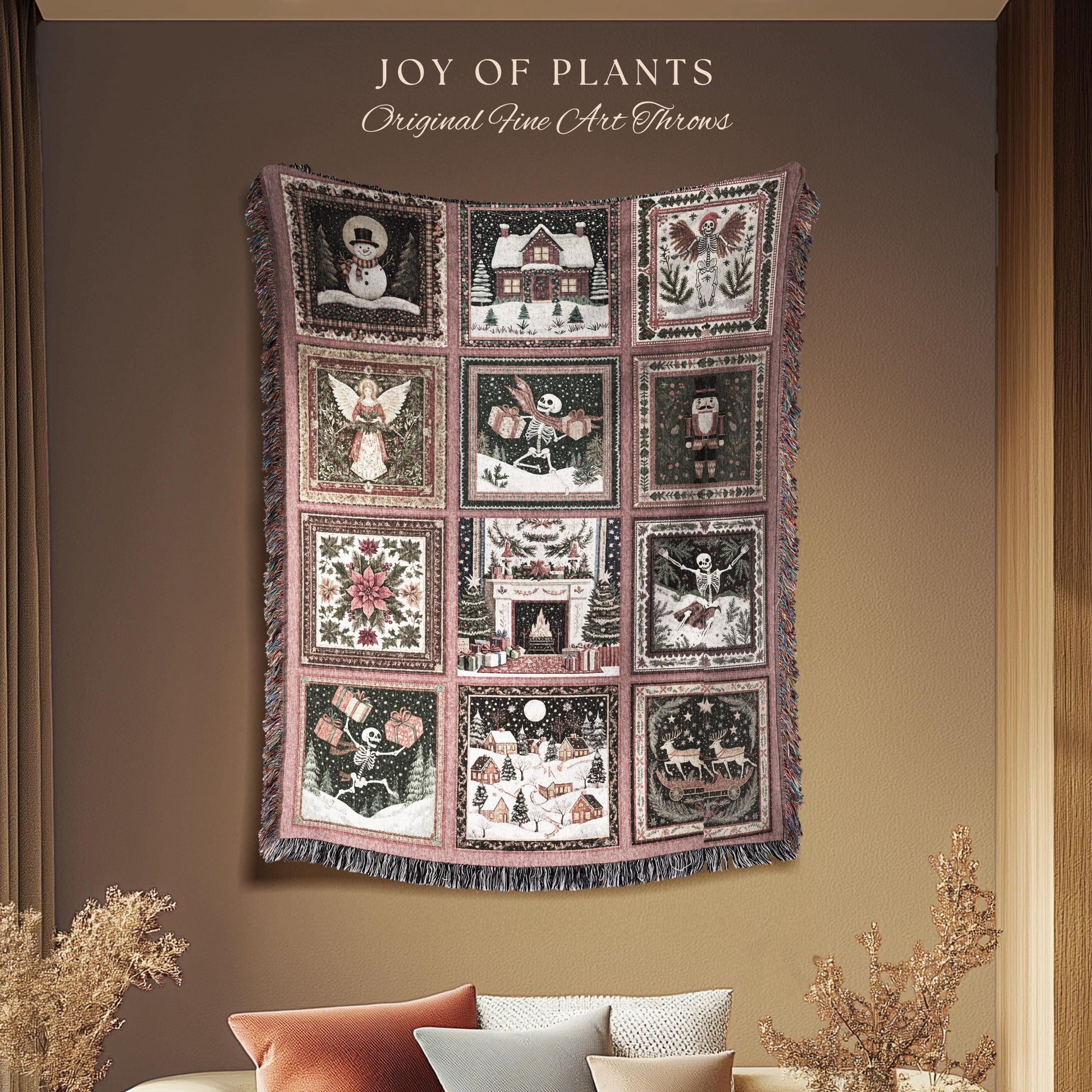 Pastel Christmas Cute Throw Blanket | Nostalgic Festive Skeleton Home Decor Scandinavian Aesthetic Boho Witchy Holiday Patchwork Tapestry |