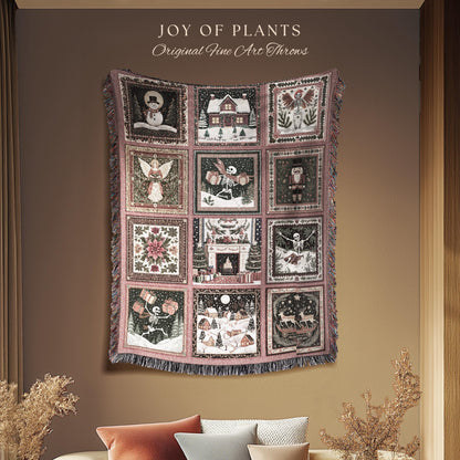 Pastel Christmas Cute Throw Blanket | Nostalgic Festive Skeleton Home Decor Scandinavian Aesthetic Boho Witchy Holiday Patchwork Tapestry |