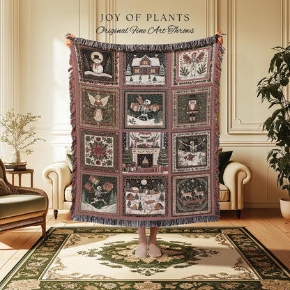 Pastel Christmas Cute Throw Blanket | Nostalgic Festive Skeleton Home Decor Scandinavian Aesthetic Boho Witchy Holiday Patchwork Tapestry |