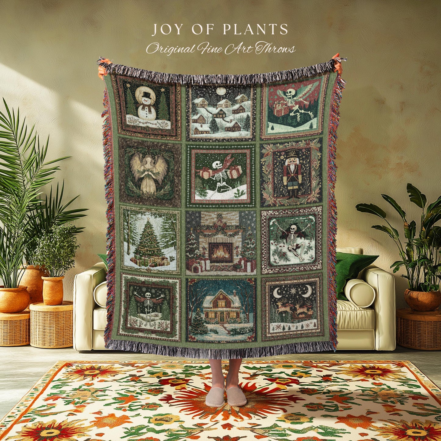 Cute Christmas Patchwork Blanket | Spooky Nostalgic Skeleton Throw Scandinavian Woven Tapestry Poinsettia Holiday Xmas Home Decor Witchy |