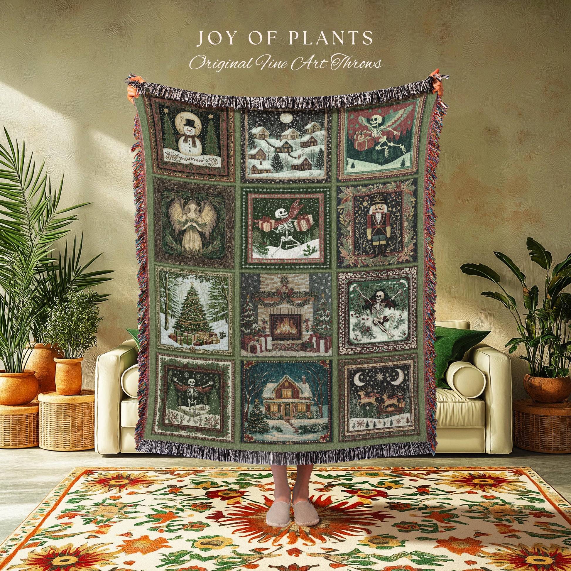 Cute Christmas Patchwork Blanket | Spooky Nostalgic Skeleton Throw Scandinavian Woven Tapestry Poinsettia Holiday Xmas Home Decor Witchy |