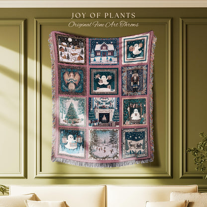 Holiday Boho Scandi Blanket | Spooky Christmas Ghost Throw Nostalgic Festive Home Decor Whimsical Xmas Tree Merry & Bright Pastel Aesthetic