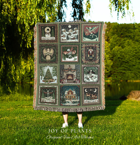 Cute Christmas Patchwork Blanket | Spooky Nostalgic Skeleton Throw Scandinavian Woven Tapestry Poinsettia Holiday Xmas Home Decor Witchy |