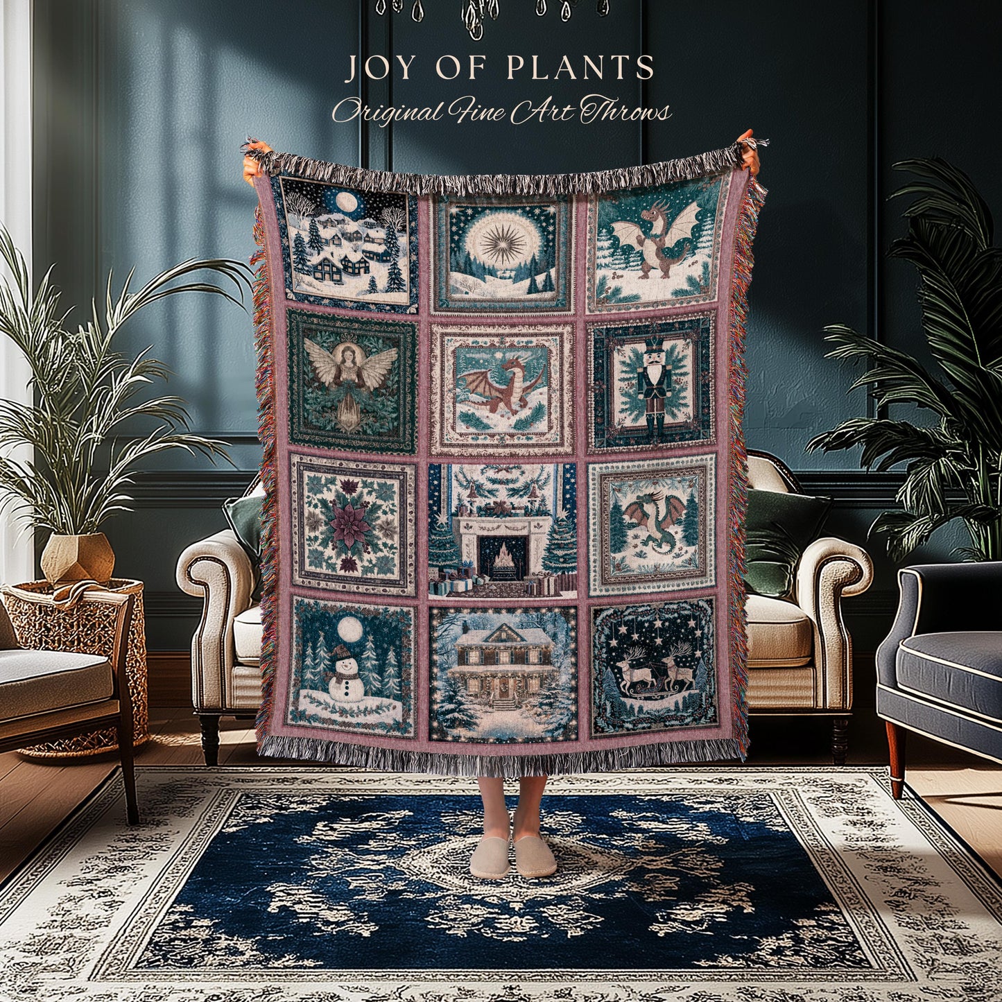 Cozy Dragon Winter Holiday Blanket | Whimsigoth Christmas Decor Cute Eclectic Boho Woven Tapestry Cottagecore Seasonal Nostalgic Accent |