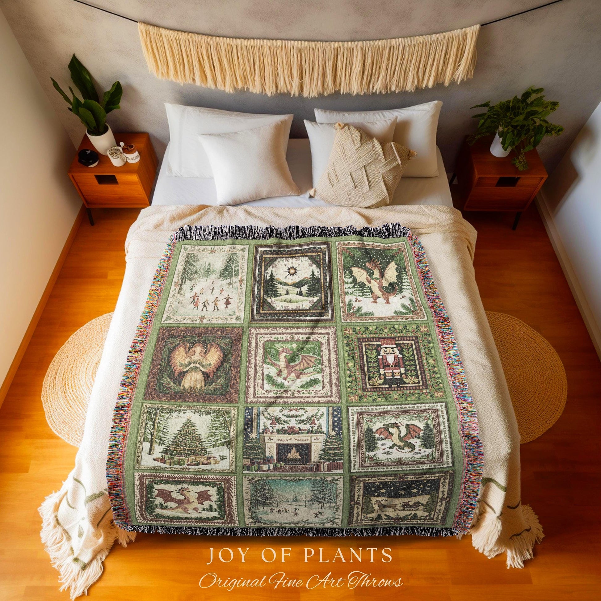 Enchanted Winter Dragon Xmas Tapestry | Cottagecore Festive Whimsical Woven Throw Blanket Cozy Boho Olive Green Seasonal Holiday Decor Gift