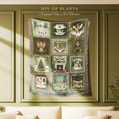 Enchanted Winter Dragon Xmas Tapestry | Cottagecore Festive Whimsical Woven Throw Blanket Cozy Boho Olive Green Seasonal Holiday Decor Gift