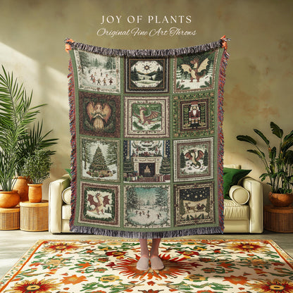 Enchanted Winter Dragon Xmas Tapestry | Cottagecore Festive Whimsical Woven Throw Blanket Cozy Boho Olive Green Seasonal Holiday Decor Gift