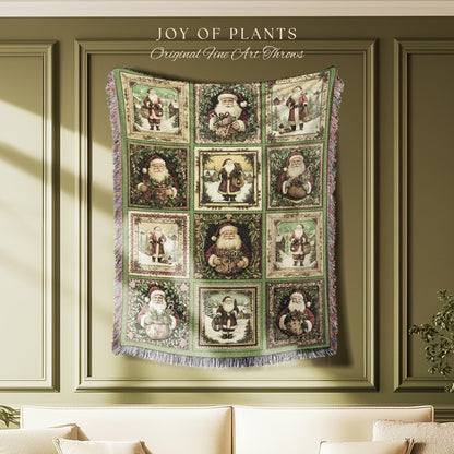 Sage Green Retro Xmas Throw Blanket | Cozy Pastel Santa Claus Home Decor Retro Christmas Whimsical Holiday Winter Wonderland Aesthetic Cute
